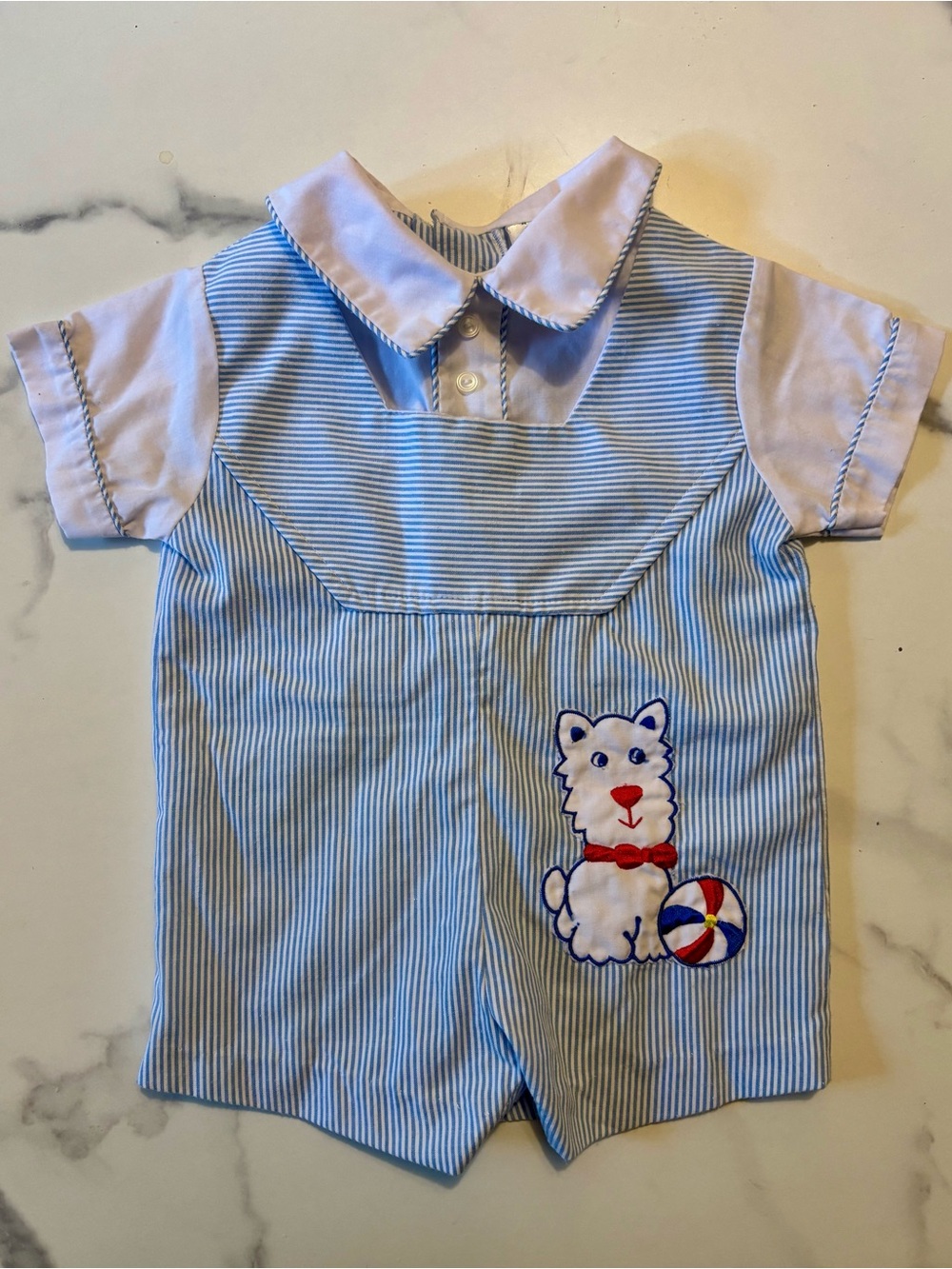Vintage Blue & White Striped Puppy Appliqué Shortall